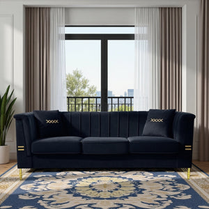 English Elm Fx-P82-Bk2 Modern Velvet 3-Seater Sofa With 2 Pillows | Elegant Chesterfield Design & Glam Gold Legs W576S00215