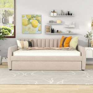 English Elm Full Size Velvet Upholstered Daybed with Pull Out Trundle and Wood Slat Support Beige LP100121AAA