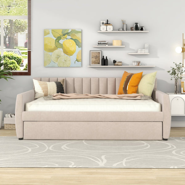 English Elm Full Size Velvet Upholstered Daybed with Pull Out Trundle and Wood Slat Support Beige LP100121AAA