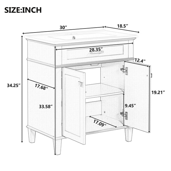 English Elm 30-inch bathroom vanity with ceramic basin, solid wood frame, soft-close doors and adjustable shelves for organized style and lasting durability Green N729P173380F