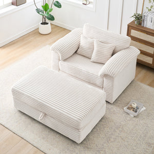 English Elm 47.24-inch corduroy armchair with storage ottoman and USB ports, spring seat, solid wood frame lounge White W3356S00024