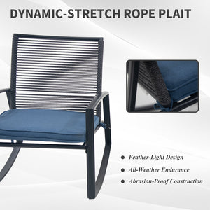 English Elm 2-person Weatherproof Outdoor Bistro Rocking Set with Table, Rust-Proof Metal, Removable Cushions Blue W1859P359942