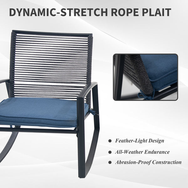 English Elm 2-person Weatherproof Outdoor Bistro Rocking Set with Table, Rust-Proof Metal, Removable Cushions Blue W1859P359942