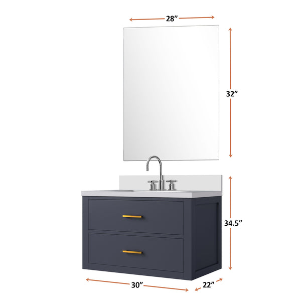 English Elm Blue Single Bath Vanity Set With Cultured Marble Countertop, Chrome Faucet & Frameless Mirror, 30" W B2731S01977