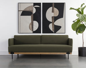 Sunpan Saul Sofa - Handcrafted Comfort with Rustic Oak Frame and Black Iron Legs for Timeless Elegance Copenhagen Olive