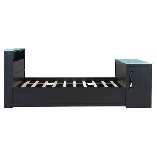 English Elm Full Size Wood Platform Daybed with Trundle Desk Rgb Led Lighting Gaming Bedroom Black+Blue LT000284AAC