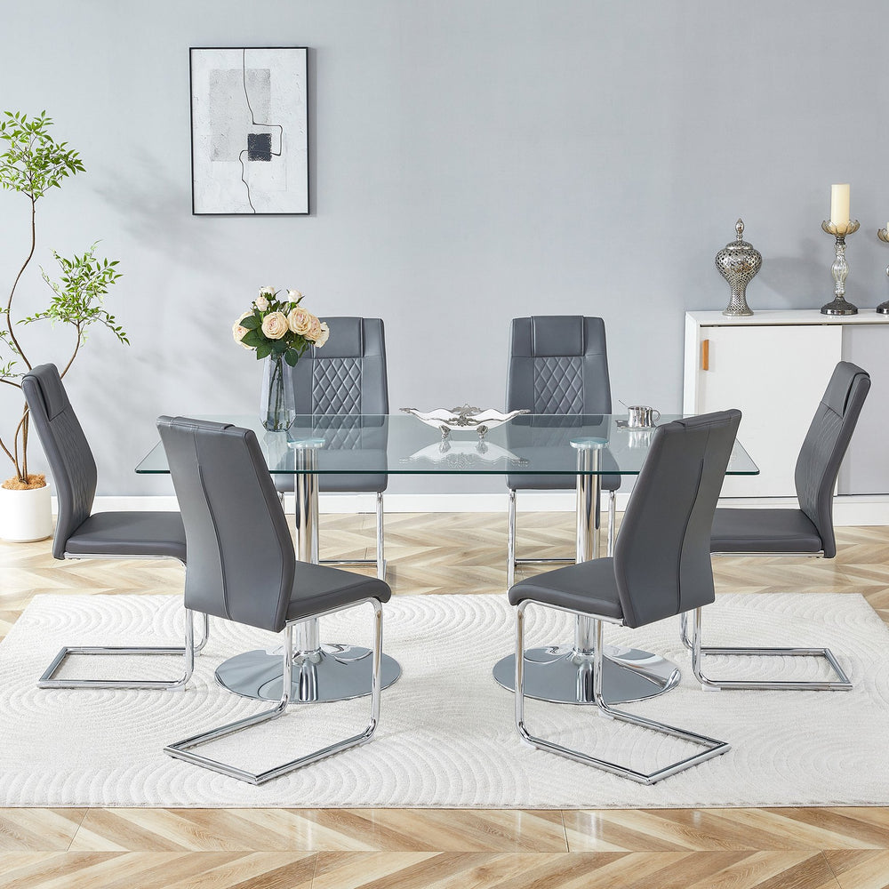 English Elm Table and Chair Set Extendable Mdf Round Oval Dining with 6 Gray Pu Seats Dark Gray,Silver,Transparent W1151S04550