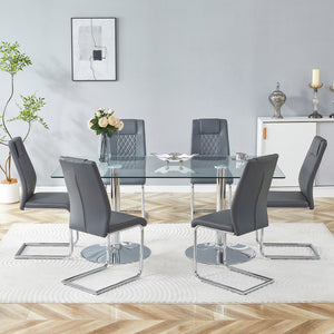 English Elm Table and Chair Set Extendable Mdf Round Oval Dining with 6 Gray Pu Seats Dark Gray,Silver,Transparent W1151S04550