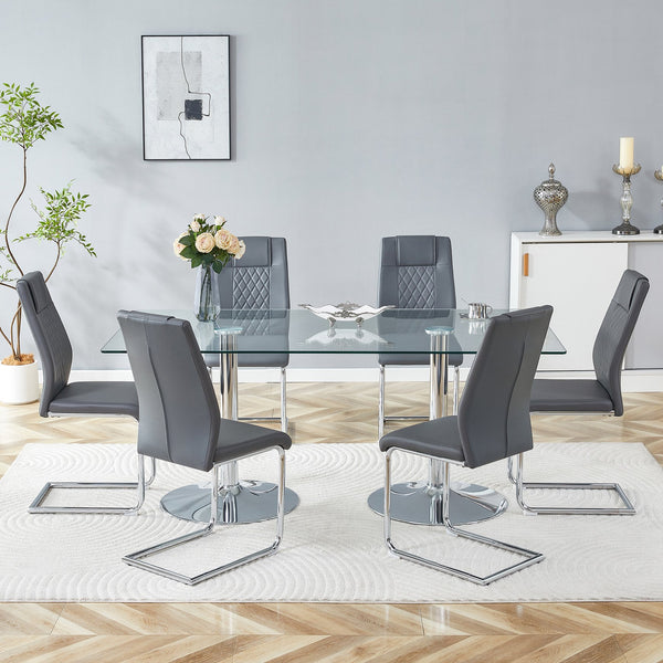English Elm Table and Chair Set Extendable Mdf Round Oval Dining with 6 Gray Pu Seats Dark Gray,Silver,Transparent W1151S04550
