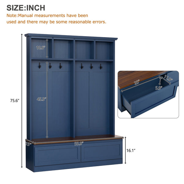 English Elm Rattan Door Hall Tree Bench with 6 Hooks Farmhouse Entryway Storage Blue N721S000076C