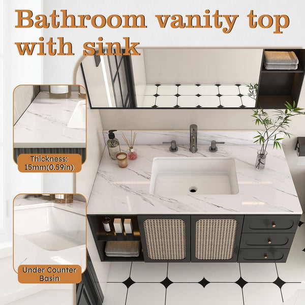 English Elm 43 Inch Marble Vanity Top - Elegant Bianco Carrara Venato With Undermount Sink & 3 Faucet Holes W2700P194077
