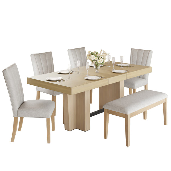 English Elm Topmax Farmhouse Extendable Rubberwood Dining Set Seats Six with Bench and Linen Chairs Natural+Beige N717S000089A