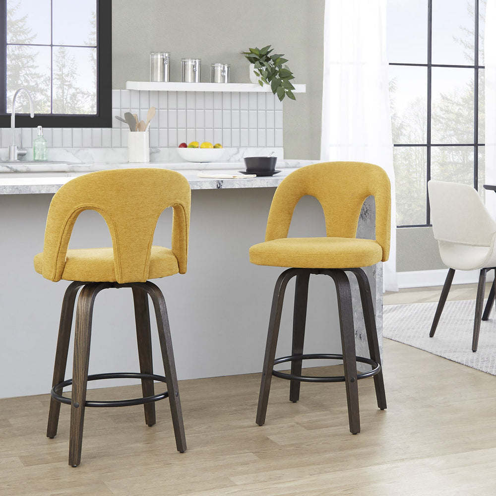 English Elm Fixed-height Swivel Counter Stools Mid-century Bentwood Walnut Frame Set of 2 B202S01787