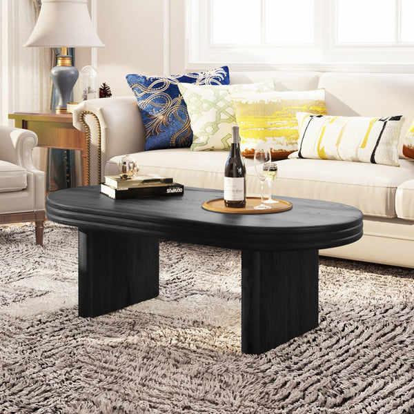 English Elm Mid Century Modern Oval Fluted Coffee Table with Wood Veneer for Living Room Black W757P370255
