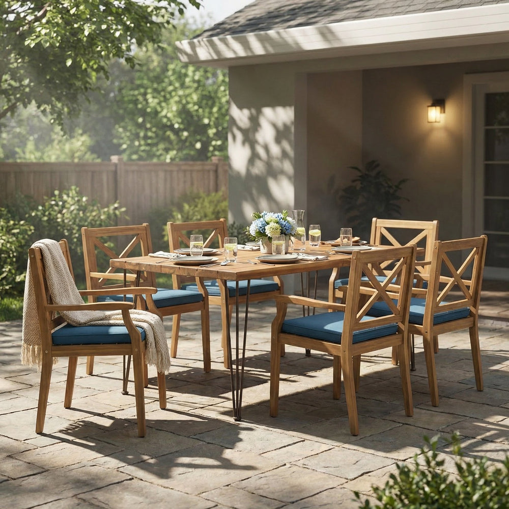 English Elm 7 Piece Acacia Wood Outdoor Dining Set Live Edge Table Six Chairs Teak Finish N762S000044AAC