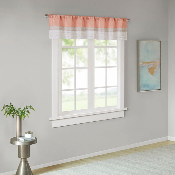 JLA Home Madison Park - Polyoni Pintuck Valance with Lined Color‑Block Stripes for Soft Light Diffusion and Tailored Texture Coral MP41-4376