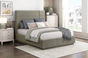 English Elm Beautiful Wingback Queen Platform Bed Tall Upholstered Headboard Low Profile Frame B011S02497