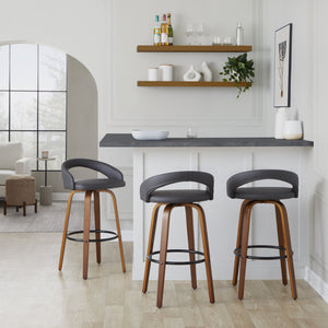 English Elm Fixed-height Swivel Barstools Walnut Bentwood Legs Grey Faux Leather Seat Set of 2 B202S01858