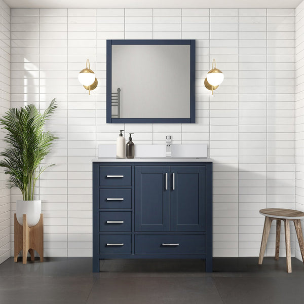 English Elm Navy 36" Bath Vanity with Right Offset White Quartz Top, Soft-Close Drawers, Faucet Included B2731P259056