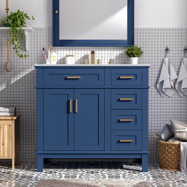 English Elm 36" Navy Bathroom Vanity Solid Wood Frame Ceramic Sink Gold Hardware Soft Close Blue N729P380151C