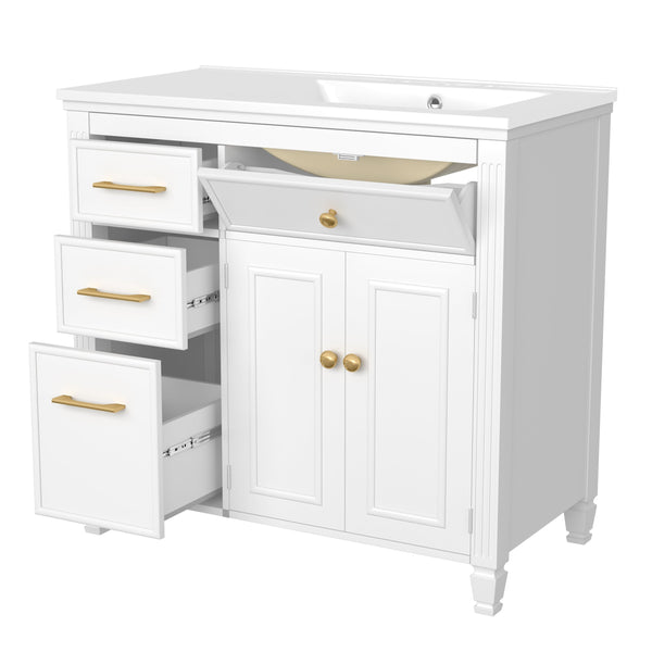 English Elm Christopher Knight Home® - 36" Freestanding 36-inch Modern Bathroom Vanity with Ceramic Sink, Ample Storage, Solid Legs, Durable Finish White N759P284623K