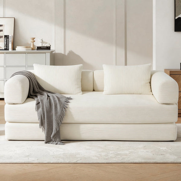 English Elm 78 Inch Corduroy Convertible Sofa Sleeper Futon with Foldable Armrests for Studio Rooms Beige W5385P455031