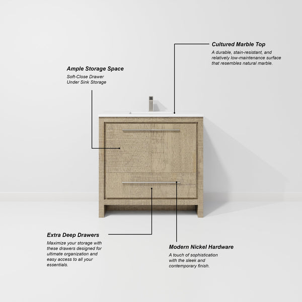 English Elm Rustic Acacia Vanity 36" W x 20" D with Cultured Marble Top, Soft-Close Storage & 28" Mirror B2731S01486