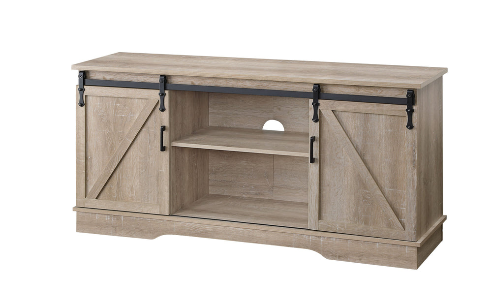 English Elm Bennet Oak TV Stand with Sliding Barn Doors, Cable Management, 65" Max, Metal Frame, Rustic Storage B2726P278173