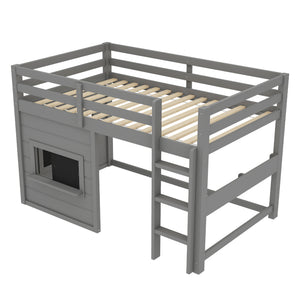 English Elm Twin Loft Bed House Frame with Sliding Chalkboard Built-in Bookshelf and Safety Rails Gray W1580S00320