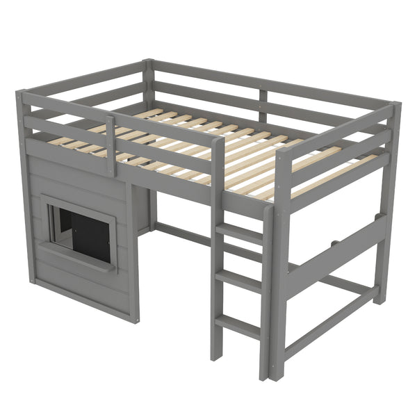 English Elm Twin Loft Bed House Frame with Sliding Chalkboard Built-in Bookshelf and Safety Rails Gray W1580S00320