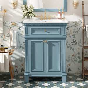 English Elm 24'' Carved Farmhouse Bathroom Vanity with Ceramic Sink Soft Close Storage Cabinet Indigo Blue N710P446530M