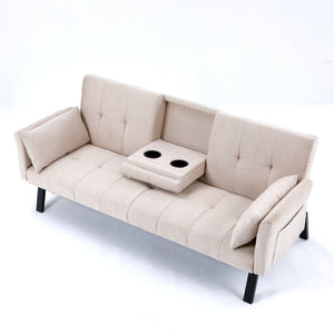 English Elm 70-inch Foldable Cotton Linen Sofa Bed with Cup Holder & Side Storage, Space-Saving 2-Seater Design Beige W3371P337197