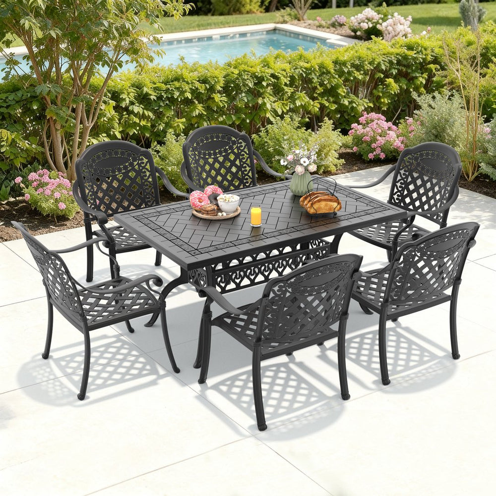 English Elm 7-piece Cast Aluminum Outdoor Dining Set with Carved Floral Detail and Stacking Chairs W1710S00576