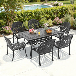English Elm 7-piece Cast Aluminum Outdoor Dining Set with Carved Floral Detail and Stacking Chairs W1710S00576