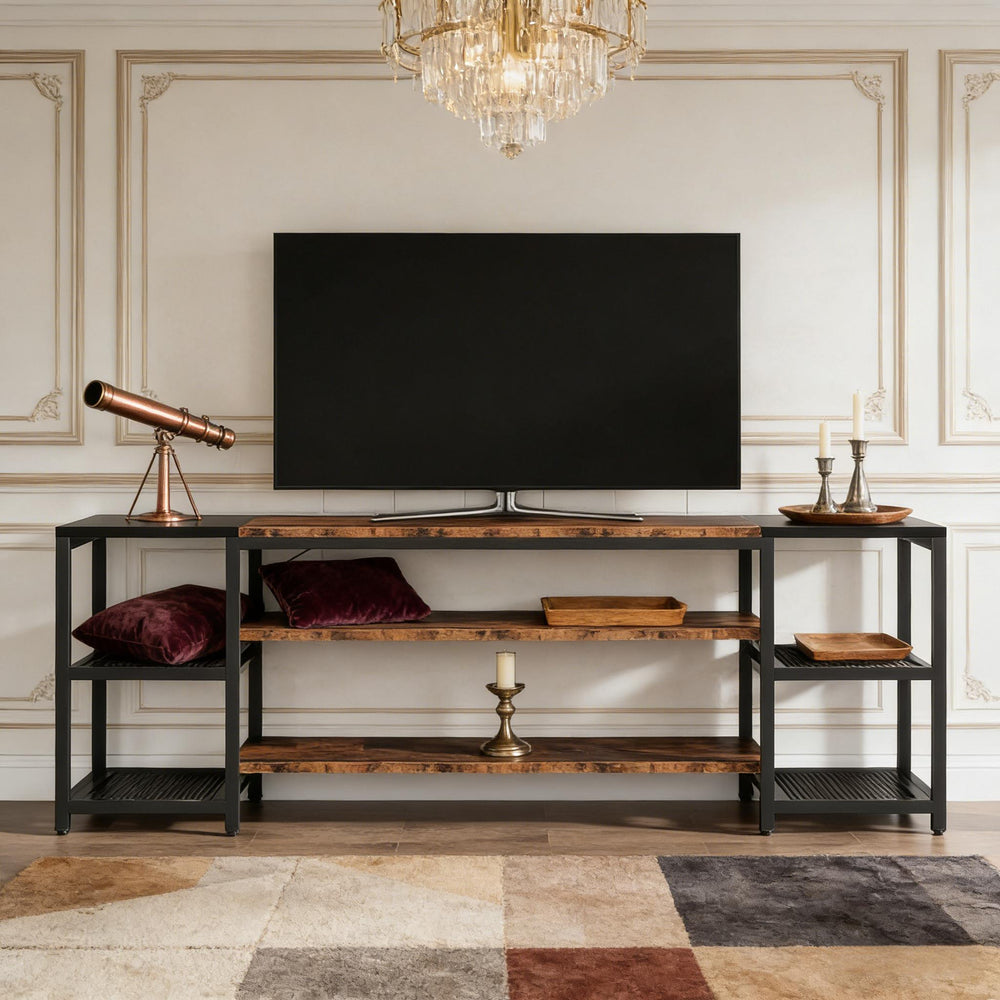 English Elm Media Console Industrial Tv Stand with Rustic Wood Tone Finish and Black Metal Frame T3971P452571