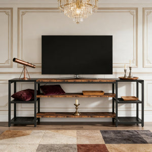 English Elm Media Console Industrial Tv Stand with Rustic Wood Tone Finish and Black Metal Frame T3971P452571