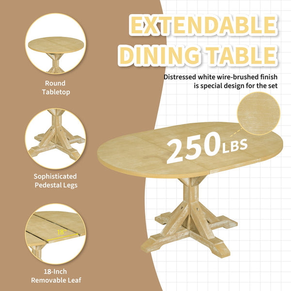 English Elm Topmax Farmhouse Extendable Pedestal Dining Set Seats Six with Ladder Back Chairs Natural+Beige N717S000060N