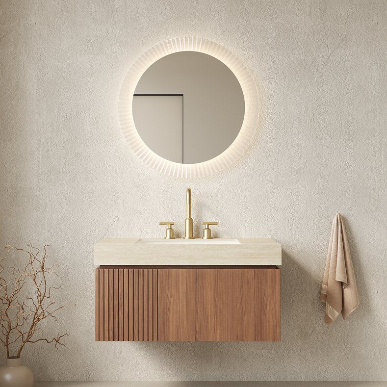 English Elm Muri Floating Bathroom Vanity Oak Plywood Cabinet Travertine Stone Top Soft Close W2615S00609