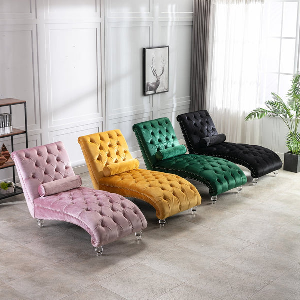 English Elm Velvet Curved Chaise Lounge Sofa with Button-Tufted Upholstery, Foam Seat, Acrylic Legs, Stylish Relaxation Pink W39538676