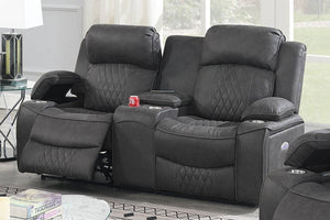 English Elm Power Motion Loveseat: Contemporary Charcoal Gel Leatherette With Usb, Cup Holders & Storage Arms B011S01068-GIGA