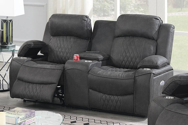 English Elm Power Motion Loveseat: Contemporary Charcoal Gel Leatherette With Usb, Cup Holders & Storage Arms B011S01068-GIGA