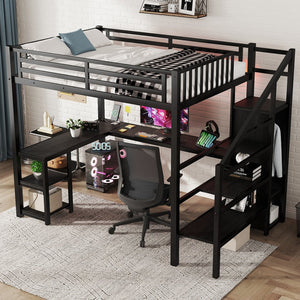 English Elm Metal Full Loft Bed with Wardrobe, LED, L-Desk & USB Ports — Space-Saving Full Size Bunk for Kids Teens Adults W2593S00008