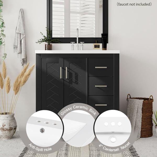 English Elm 30'' Bathroom Vanity With Ceramic Sink - Retro Freestanding Storage Cabinet, Soft-Close Drawers & Doors N710P191947B
