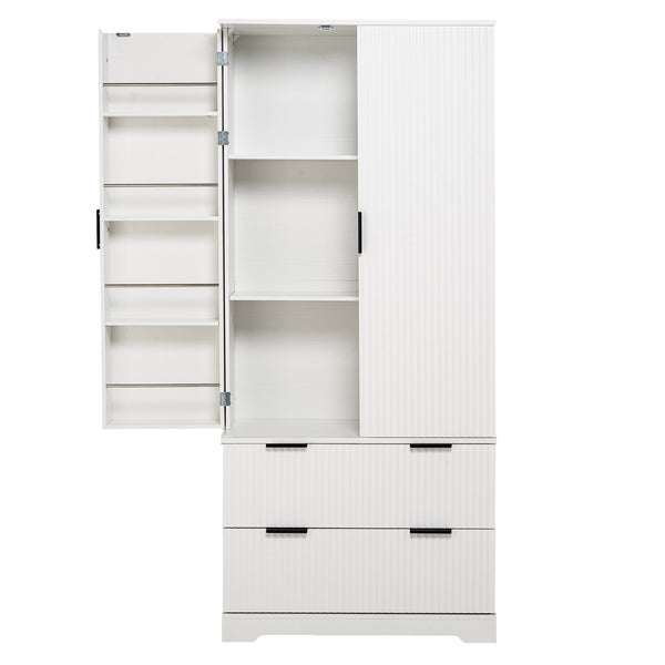 English Elm 72" Modern Fluted Pantry Cabinet with 2 Large Silent Drawers, 8-Door Spice Rack & Adjustable Shelf Organizer White W2917P294993