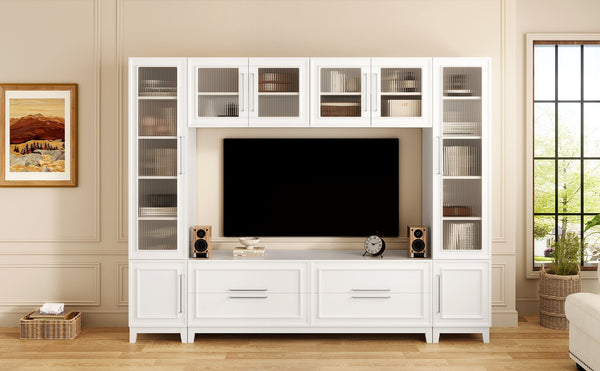 English Elm Vibe Haus Fluted Glass Wall Unit Tall Mdf Entertainment Console for Living Room N893S000011K