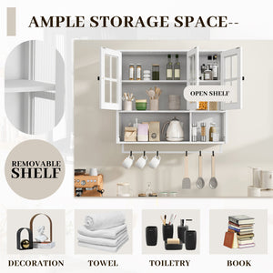 English Elm Bathroom Wall Cabinet with 3 Doors and Glass Panel, MDF Storage Cabinet with Towel Bar, Modern 35.6"L x 10.2"W x 32.5"H White W757P329727