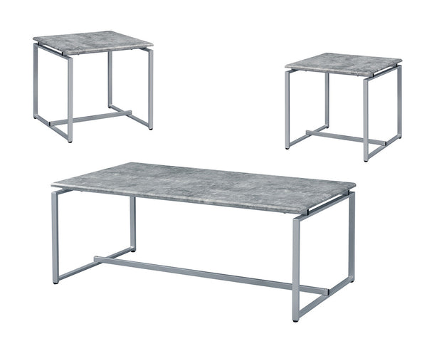 English Elm Jurgen Industrial 3PC Faux Concrete Top Coffee & End Table Set with Silver Metal Sled Base, 47" B2726P407629