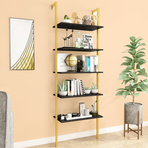 English Elm Industrial Ladder 5-Tier Wall-Mount Bookshelf with Metal Frame, MDF Shelves, Space-Saving Vertical Storage, Black/Golden Finish W578P357543