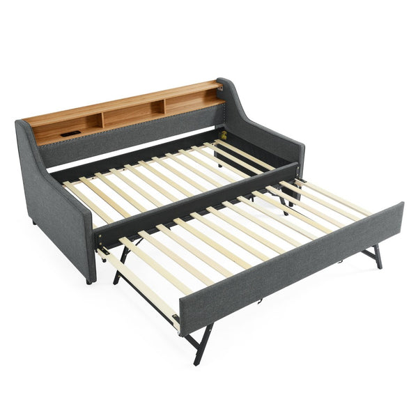 English Elm Twin Size Upholstery Sofa Bed With Led Lighting, Wireless Charging & Storage Trundle For Modern Living W1413S00057-GIGA