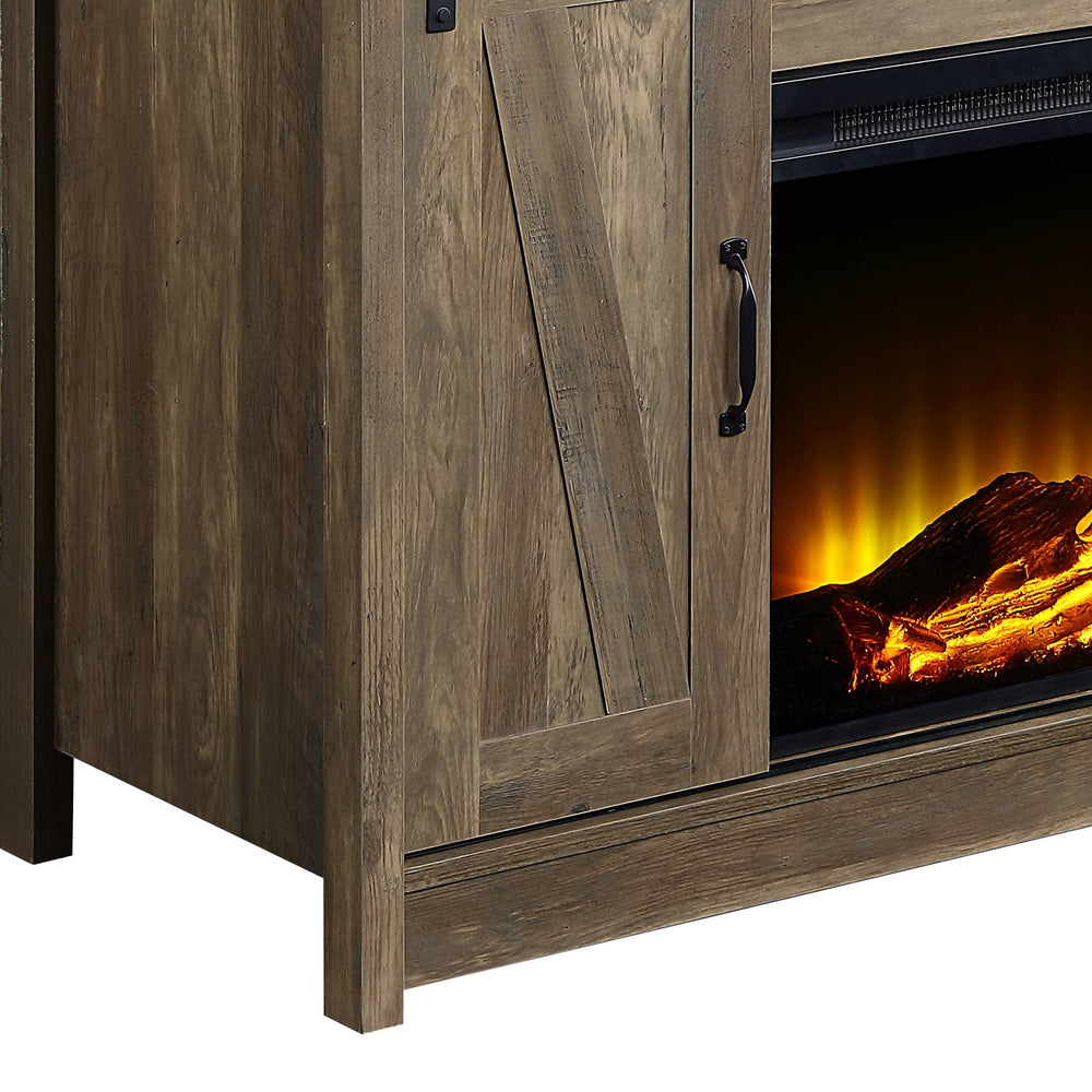 English Elm Rustic Oak Electric Fireplace Console with Sliding Barn Door, 2-Door Storage & Open Display Shelves for Media (51"W x 38"H) B062S00573